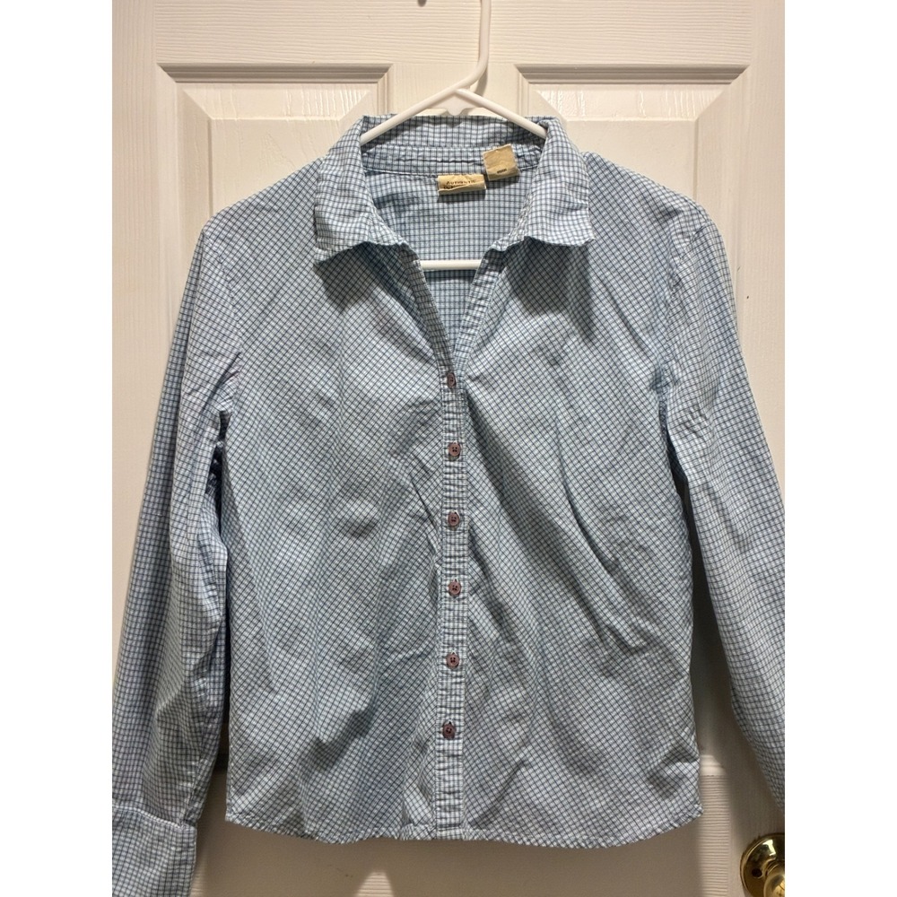 St Johns Bay Womens Medium Blue White Micro Check Button Down Shirt Long Sleeve
